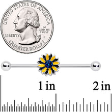 14G Blue Faux Druzy Yellow Sunflower Industrial Barbell 38mm
