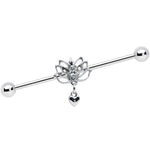 14G Clear Gem Lotus Flower Heart Dangle Industrial Barbell 38mm
