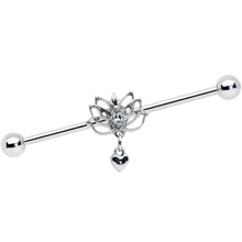 14G Clear Gem Lotus Flower Heart Dangle Industrial Barbell 38mm