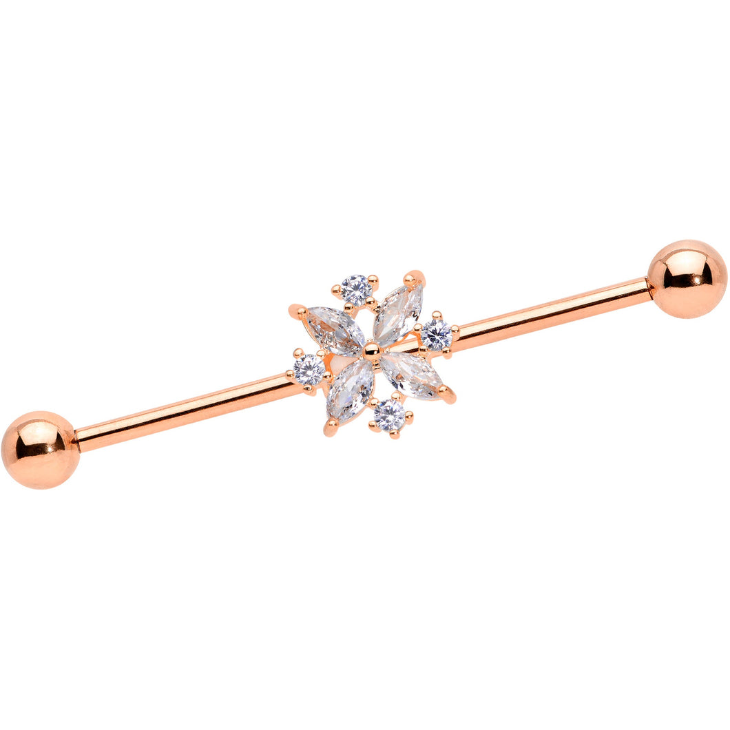 14G Clear CZ Gem Rose Gold Tone Star Burst Industrial Barbell 38mm