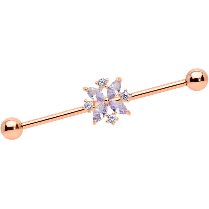 14G Purple CZ Gem Rose Gold Tone Star Burst Industrial Barbell 38mm