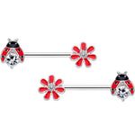 14G 9/16 Clear Gem Red Ladybug Flower Barbell Nipple Ring Set