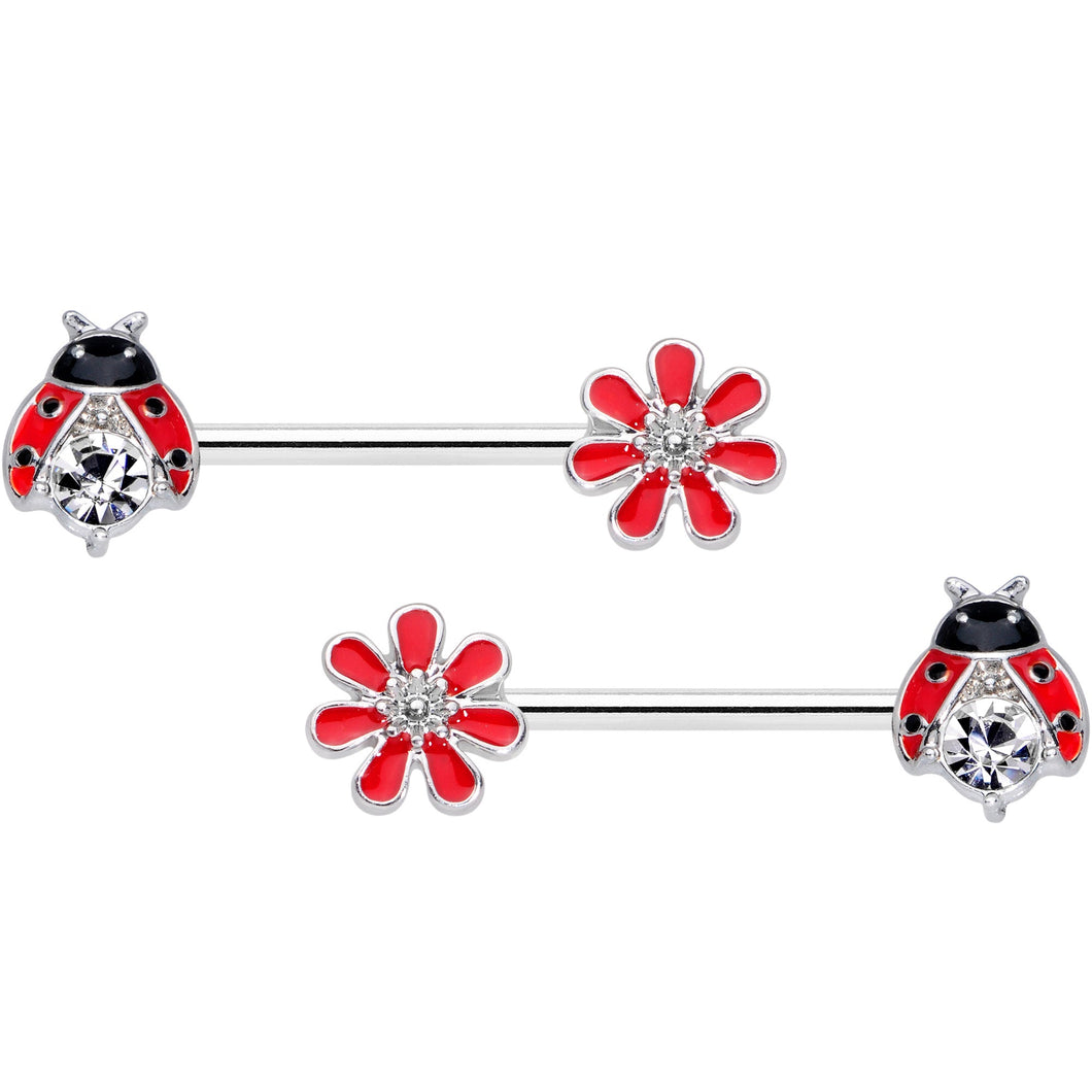 14G 9/16 Clear Gem Red Ladybug Flower Barbell Nipple Ring Set