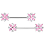 14G 5/8 Pink CZ Gem Star Burst Barbell Nipple Ring Set
