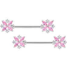 14G 5/8 Pink CZ Gem Star Burst Barbell Nipple Ring Set