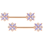 14G 5/8 Purple CZ Gem Rose Gold Tone Star Burst Nipple Ring Set