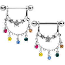 14G 9/16 Multicolor Gem Star Dangle Nipple Ring Set