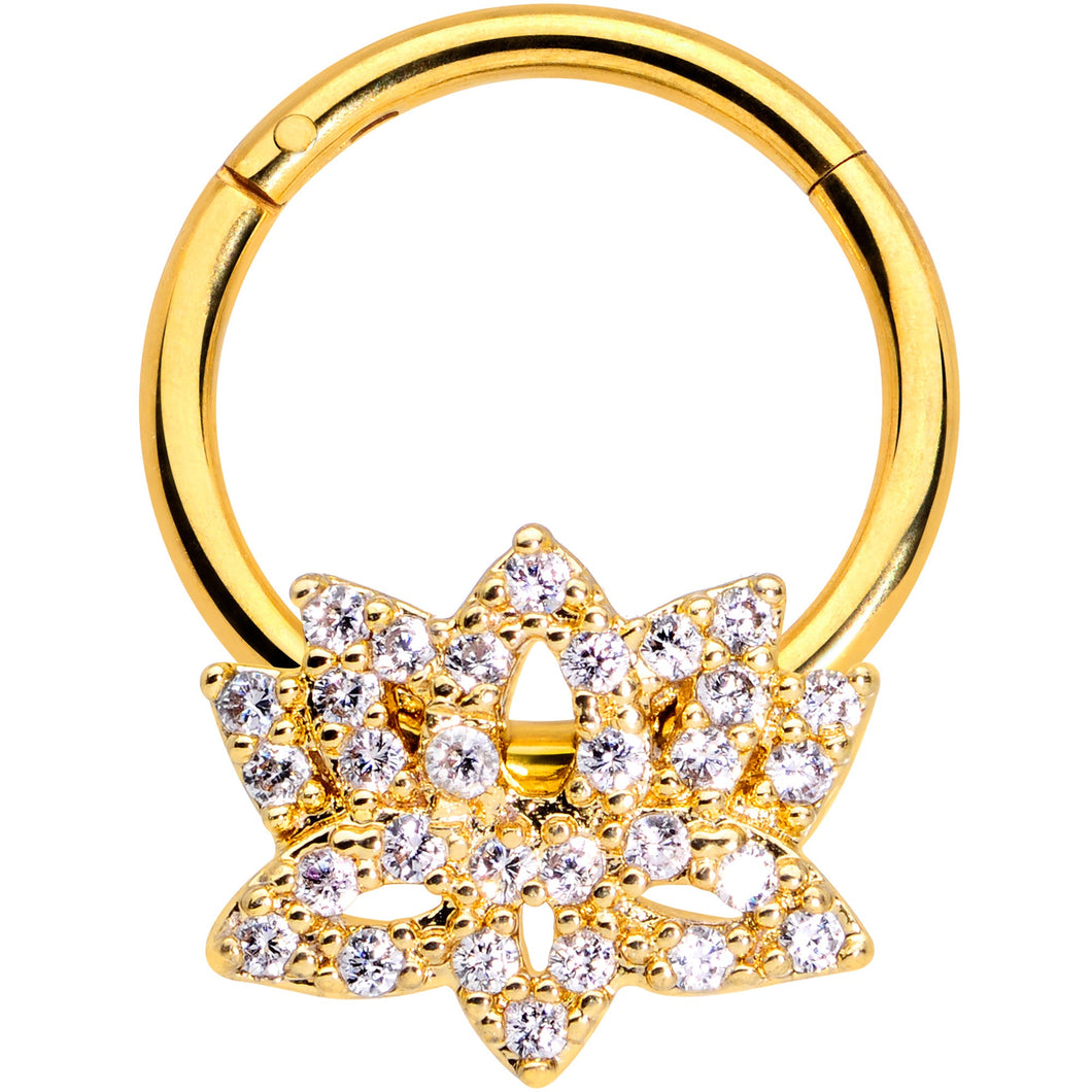 16G 3/8 Clear CZ Gem Gold Tone Lotus Flower Hinged Segment Ring