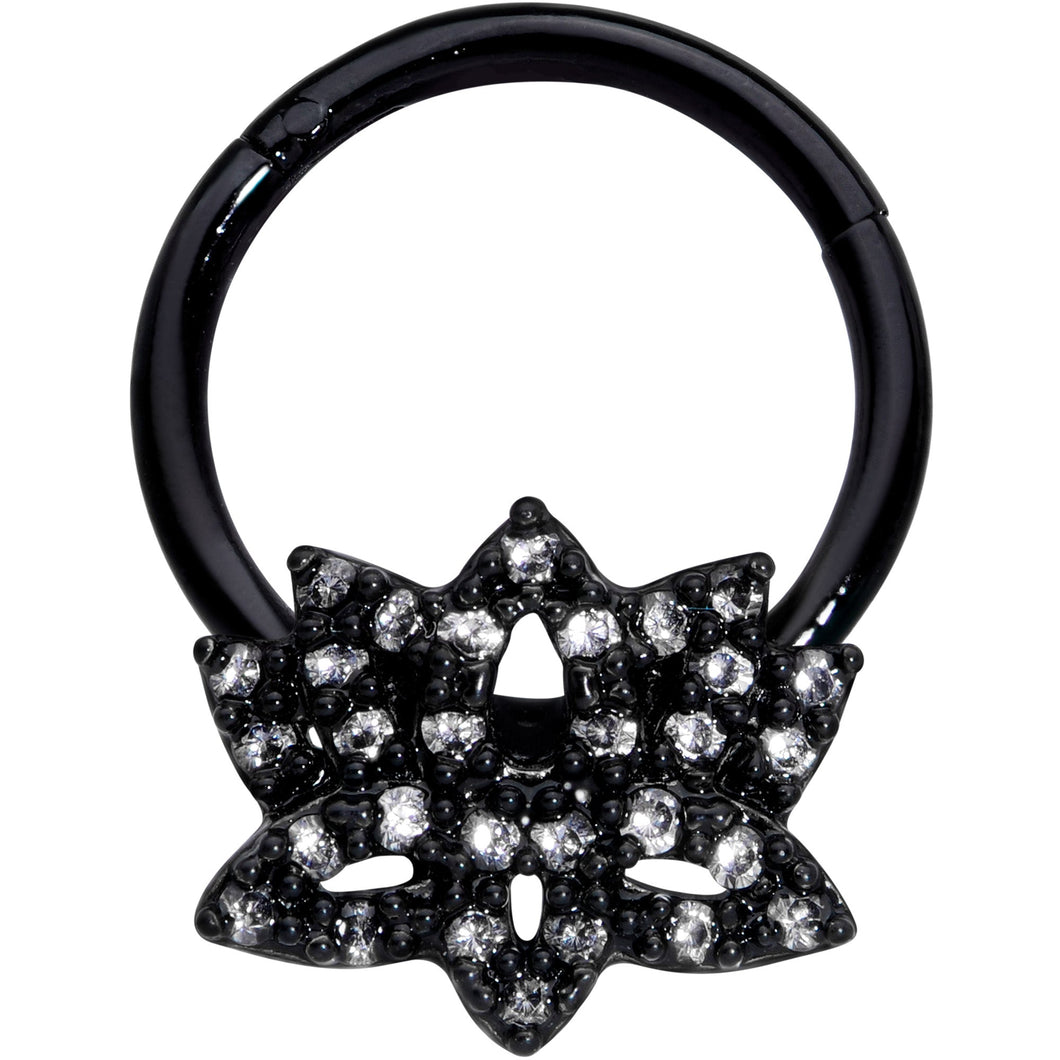 16G 3/8 Clear CZ Gem Black Lotus Flower Hinged Segment Ring