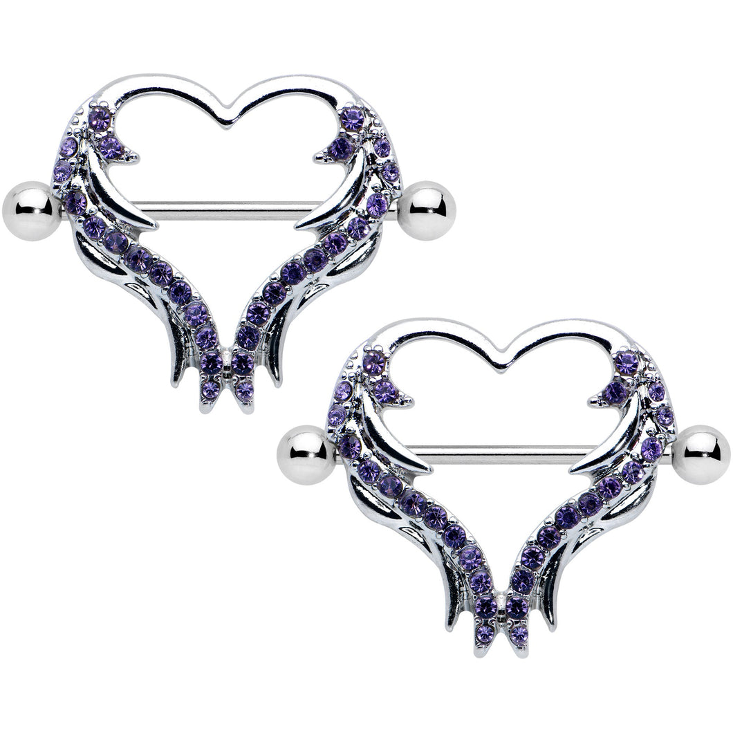 14G 3/4 Dark Purple Gem Rock and Roll Heart Nipple Shield Set