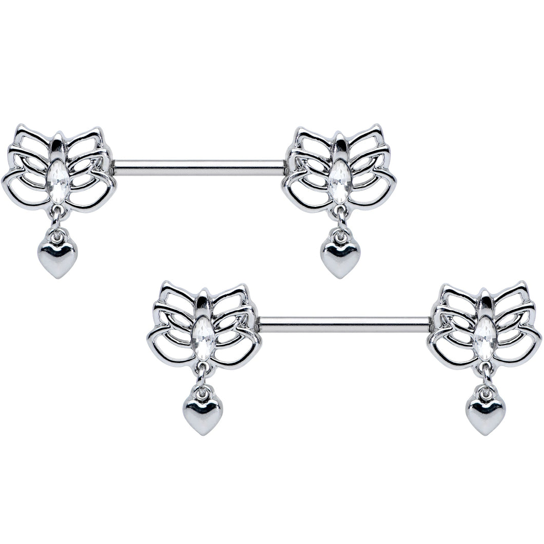 14G 5/8 Clear Gem Lotus Heart Dangle Barbell Nipple Ring Set