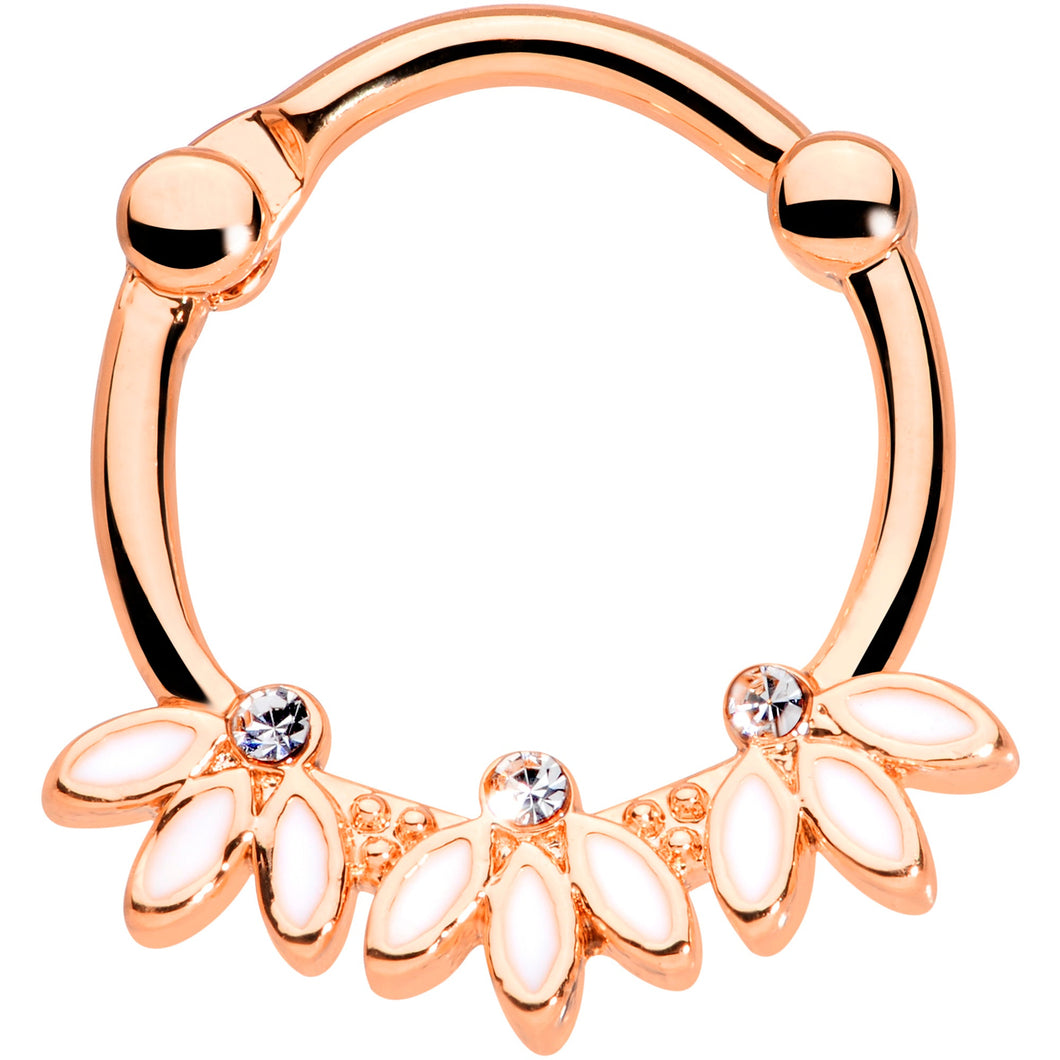 16G 3/8 Clear Gem Rose Gold Tone White Leaves Cartilage Clicker