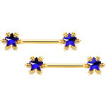 14G 9/16 Blue Gem Gold Tone Stars Barbell Nipple Ring Set