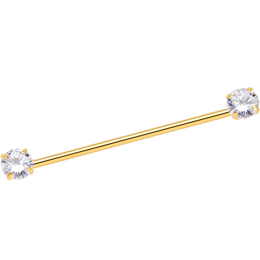 14G Clear CZ Gem Gold Tone Threadless Industrial Barbell 38mm