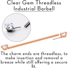 14G Clear CZ Gem Rose Gold Tone Threadless Industrial Barbell 38mm