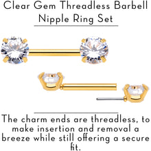 14G 1/2 Clear CZ Gem Gold Tone Threadless Nipple Ring Set