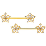 14G 9/16 Clear CZ Gem Gold Tone Airy Flower Nipple Ring Set