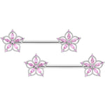 14G 9/16 Pink CZ Gem Airy Flower Barbell Nipple Ring Set