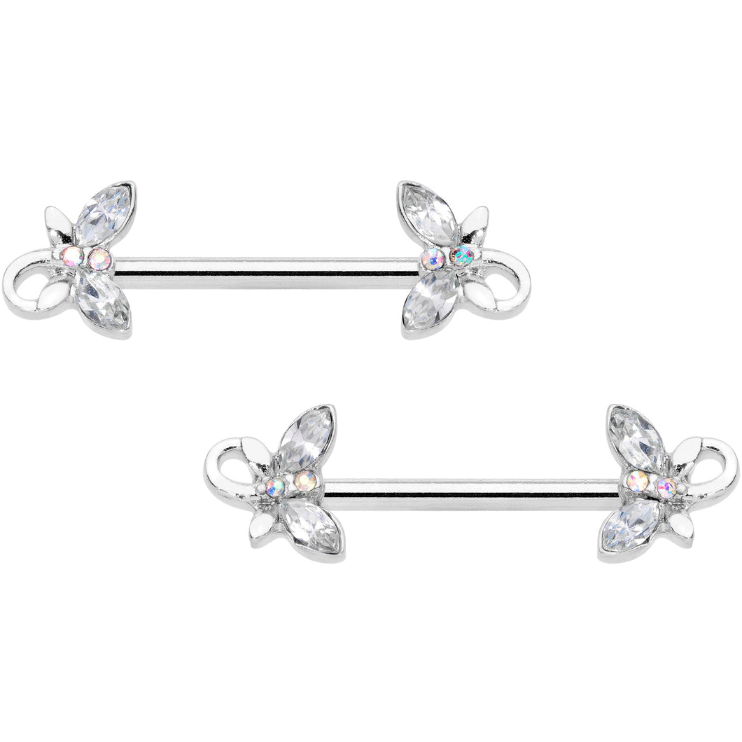 14G 1/2 Clear Aurora Gem Loop Butterfly Barbell Nipple Ring Set