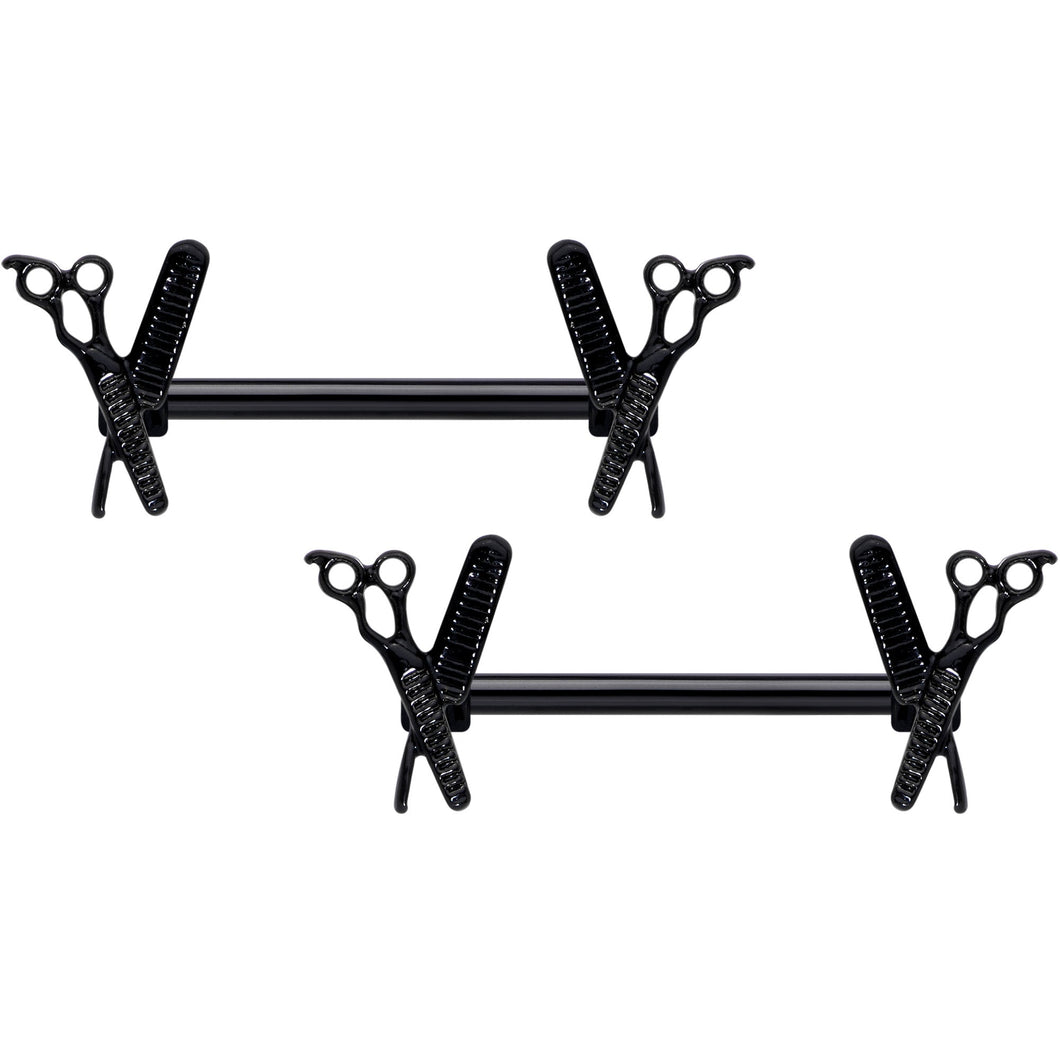 14G 9/16 Black Scissors Comb Barbell Nipple Ring Set