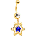 Clear Blue Gem Gold Tone Lacy Star Dangle Belly Ring