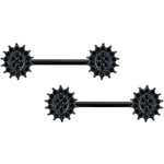 14G 5/8 Black Gem Black Oval Sunburst Barbell Nipple Ring Set