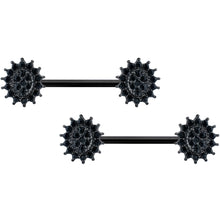 14G 5/8 Black Gem Black Oval Sunburst Barbell Nipple Ring Set