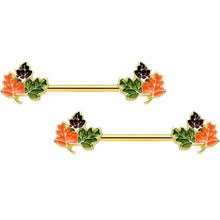 14G 9/16 Gold Tone Lovely Autumn Leaves Barbell Nipple Ring Set