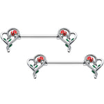 14G 5/8 Open Heart Rose Valentines Barbell Nipple Ring Set