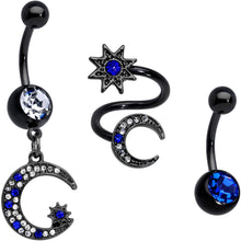Clear Blue Gem Black Star Moon Twister Dangle Belly Ring Set of 3