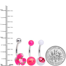 Pink Gem White Pink Flower Pearlescent Belly Ring Set of 3