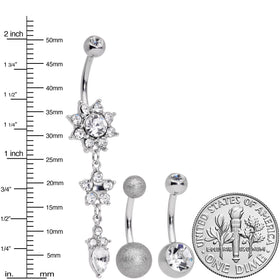 Clear Gem Flower Sandblasted Dangle Belly Ring Set of 3