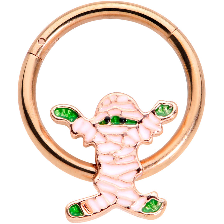 16G 3/8 Rose Gold Tone Green Mummy Halloween Hinged Segment Ring