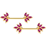 14G 9/16 Red Gem Gold Tone Autumn Leaves Nipple Ring Set