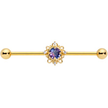 14G Purple Tourmaline Gold Tone Filigree Industrial Barbell 38mm