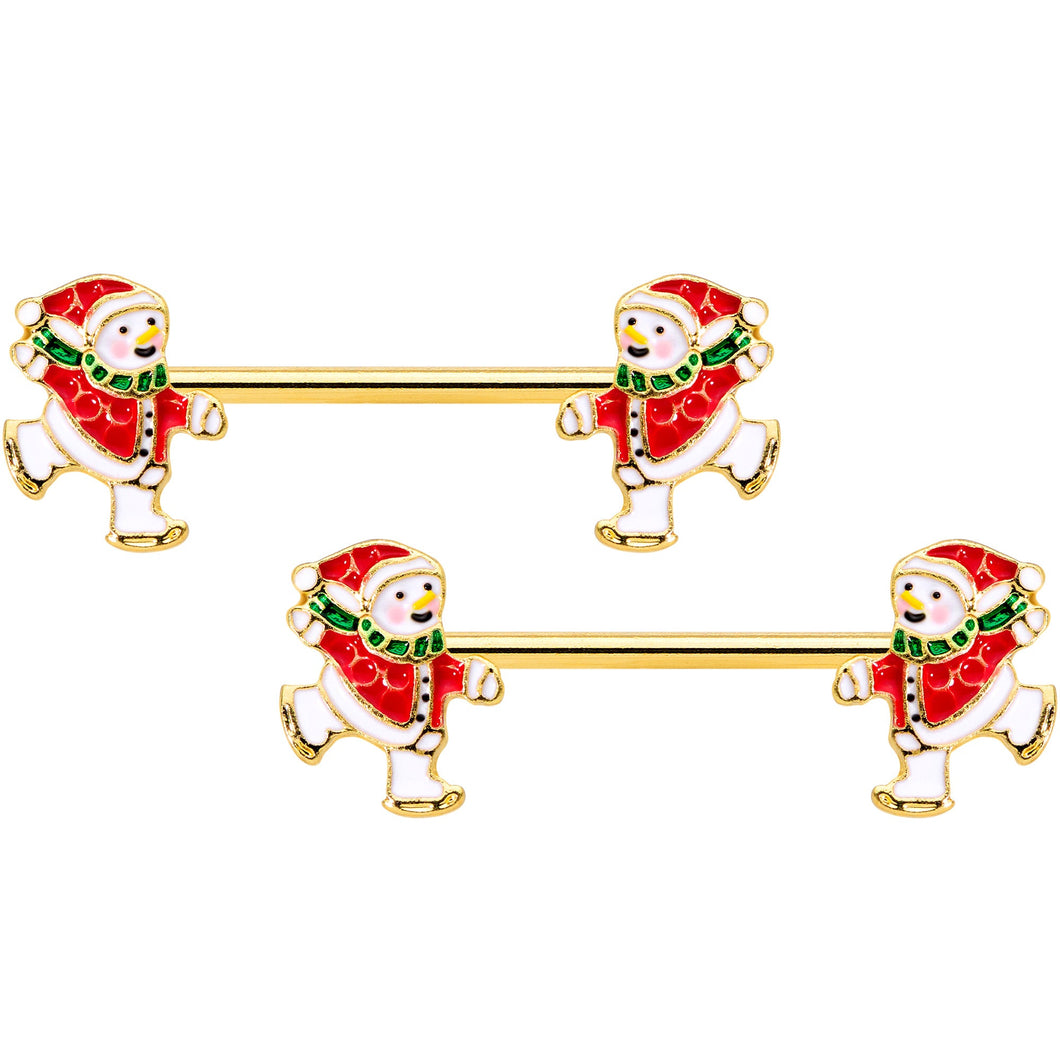 14G 9/16 Gold Tone Ice Skate Snowman Christmas Nipple Ring Set