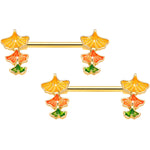 14G 9/16 Gold Tone Autumn Leaves Fall Barbell Nipple Ring Set