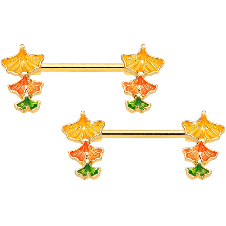 14G 9/16 Gold Tone Autumn Leaves Fall Barbell Nipple Ring Set