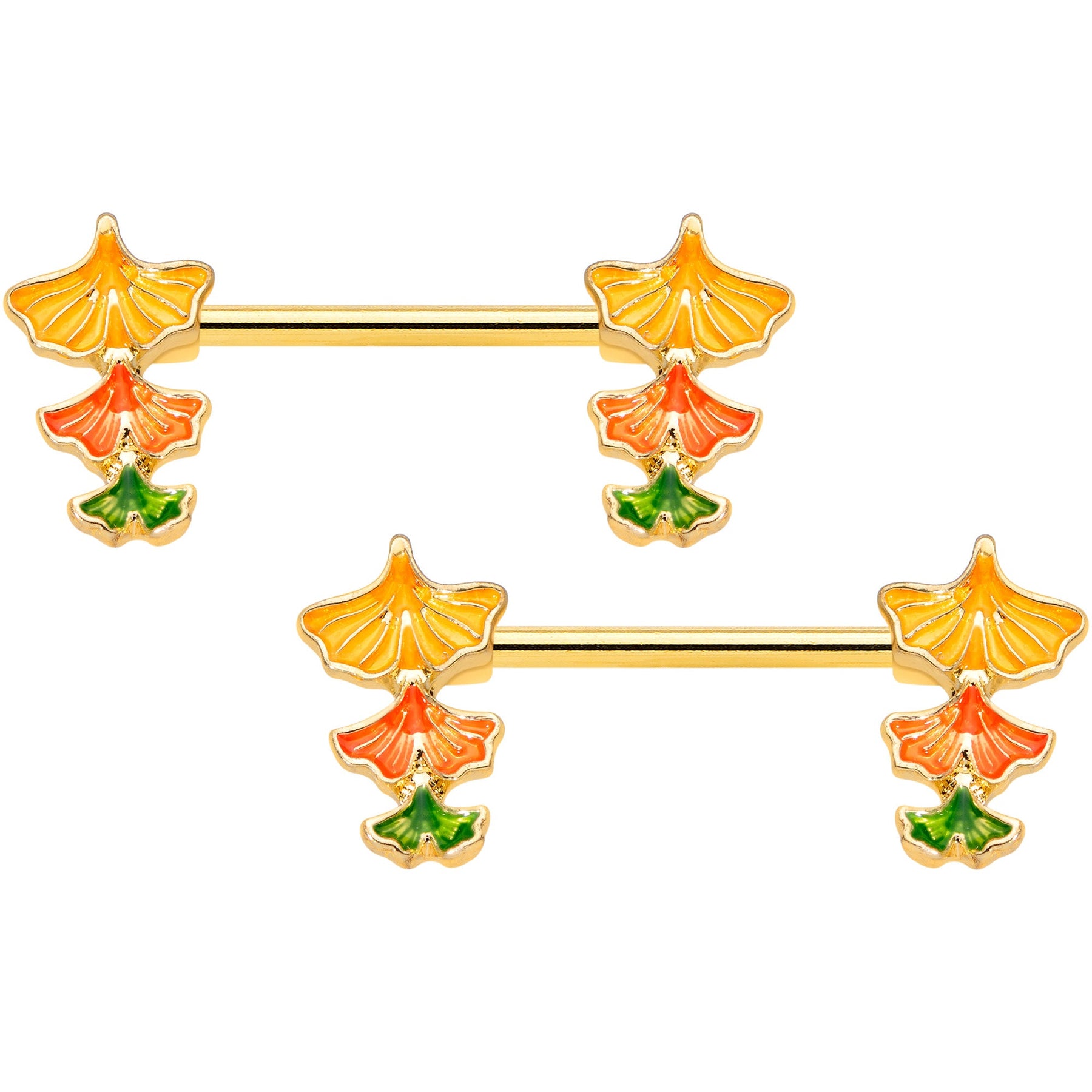 14G 9/16 Gold Tone Autumn Leaves Fall Barbell Nipple Ring Set