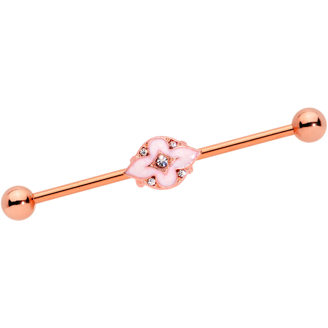 14G Clear Gem Rose Gold Tone Pink Cross Industrial Barbell 38mm