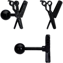 16G 1/4 Black Scissor Comb Hair Cartilage Tragus Earring Set of 3