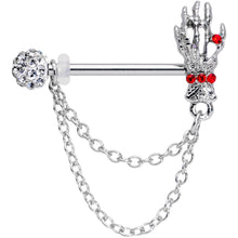 14G 9/16 Red Gem Skeleton Hands Halloween Dangle Nipple Ring Set