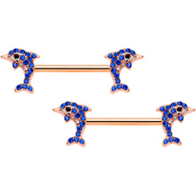 14G 9/16 Blue Gem Rose Gold Tone Dolphin Barbell Nipple Ring Set