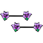 14G 9/16 Clear Gem Black Purple Iris Flower Nipple Ring Set