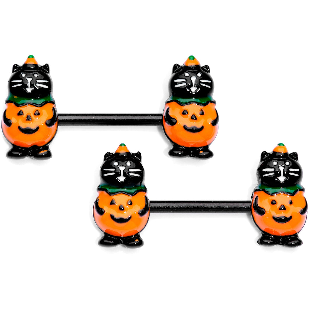 14G 9/16 Black Cat Pumpkin Halloween Barbell Nipple Ring Set