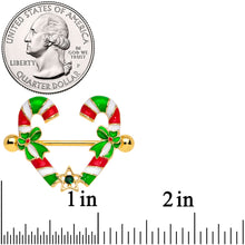 14G 5/8 Green Gem Gold Tone Candy Cane Christmas Nipple Ring Set