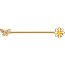 14G Clear Gem Gold Tone Butterfly Daisy `Industrial Barbell 38mm