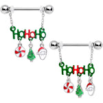 14G 11/16 Ho Ho Ho Santa Christmas Chain Dangle Nipple Ring Set
