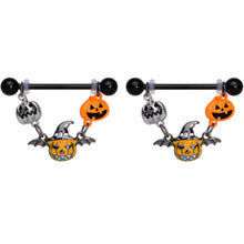 14G 7/8 Black Pumpkin Trio Halloween Dangle Nipple Ring Set