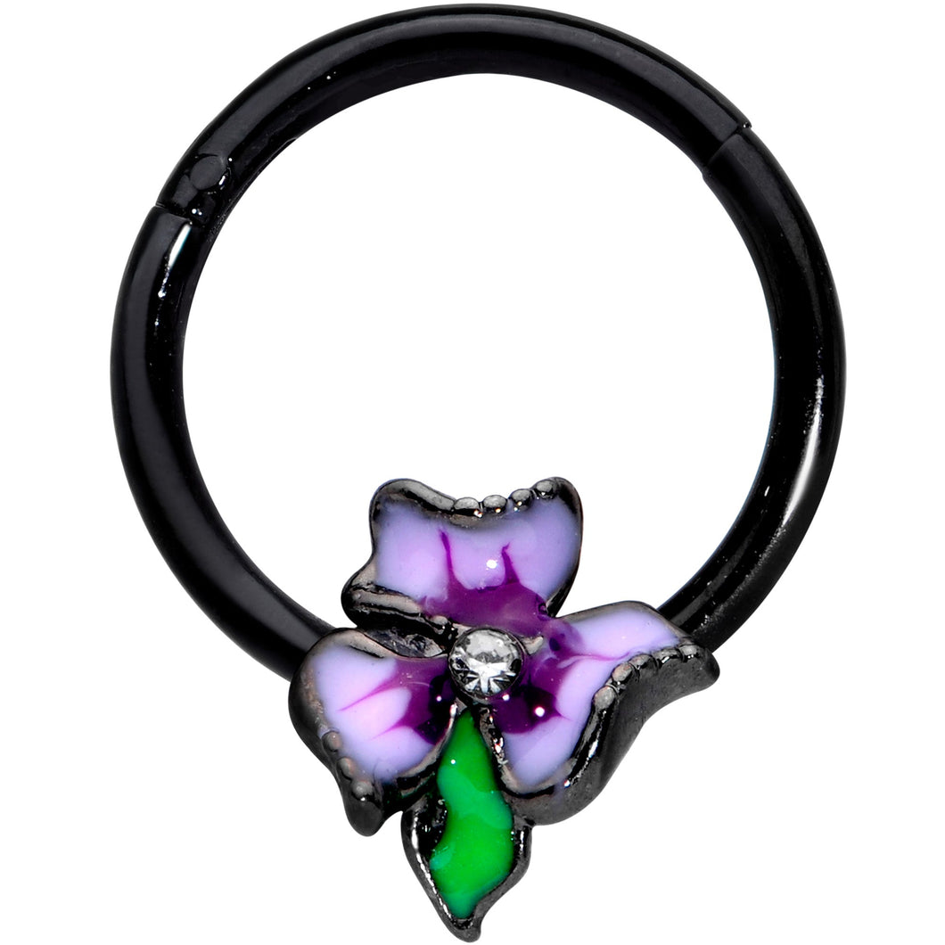 16G 3/8 Clear CZ Gem Black Purple Iris Flower Hinged Segment Ring
